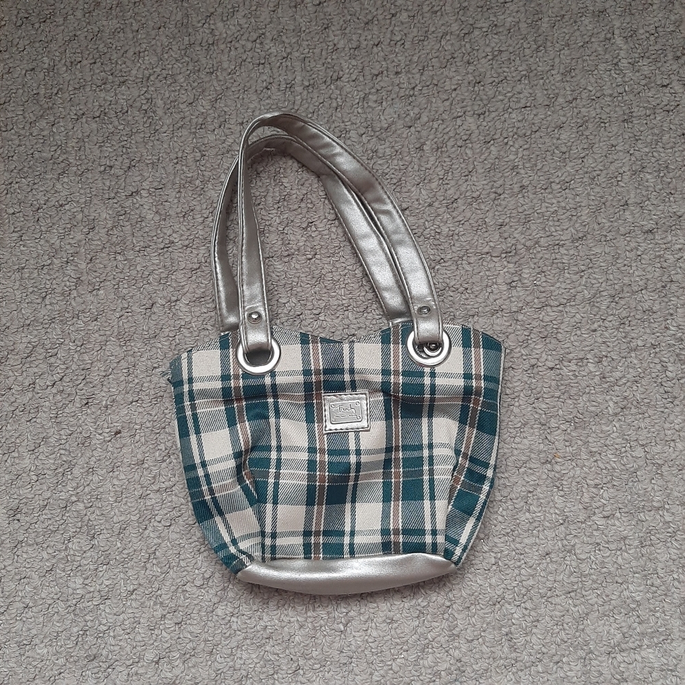 Small green, brown, cream and sliver purse